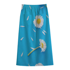 White Daisy Flower Print Cotton Front Slit Maxi Skirt