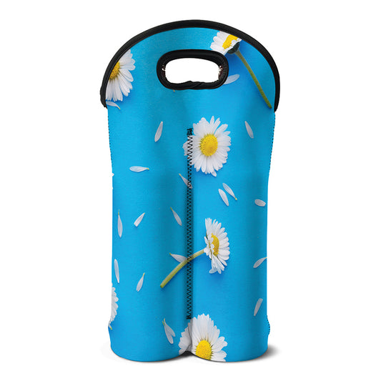 White Daisy Flower Print Double Neoprene Wine Tote