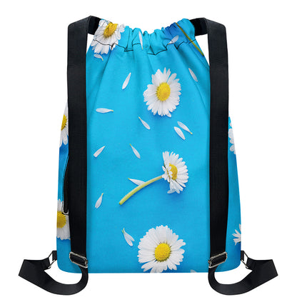 White Daisy Flower Print Drawstring Backpack