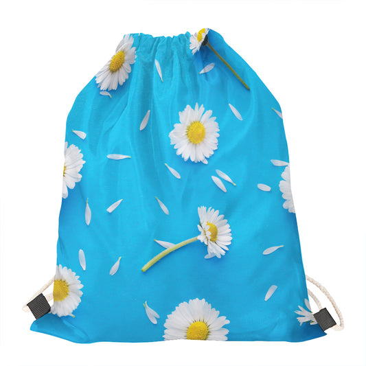 White Daisy Flower Print Drawstring Bag