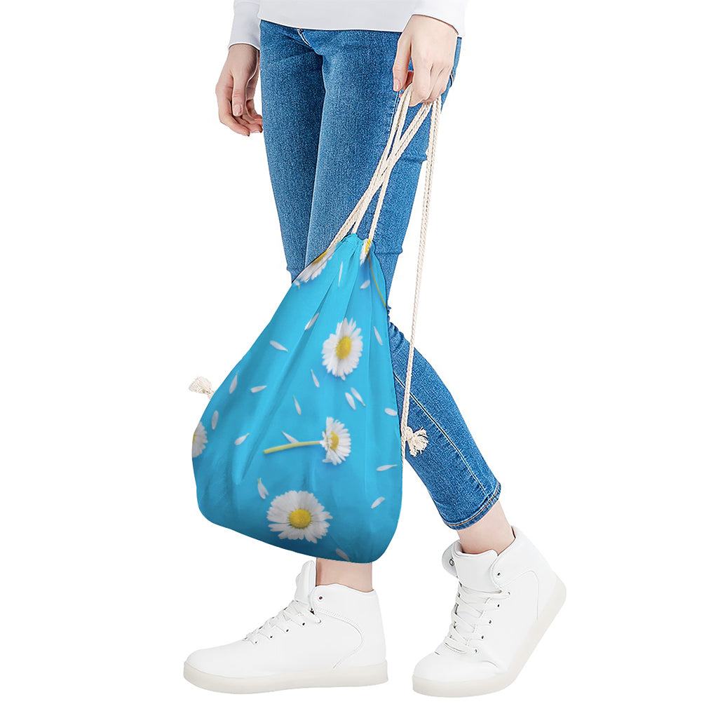 White Daisy Flower Print Drawstring Bag