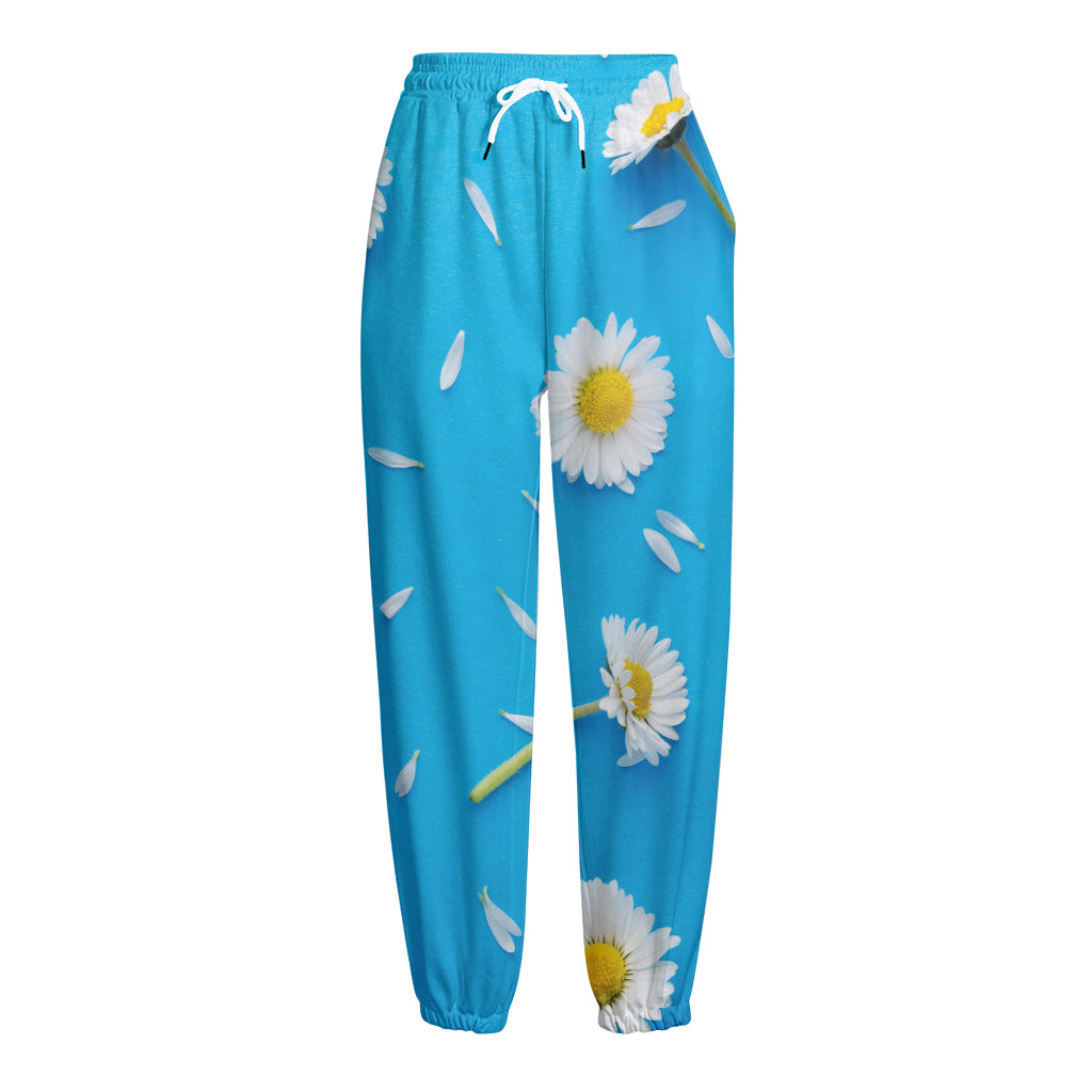 White Daisy Flower Print Fleece Lined Knit Pants