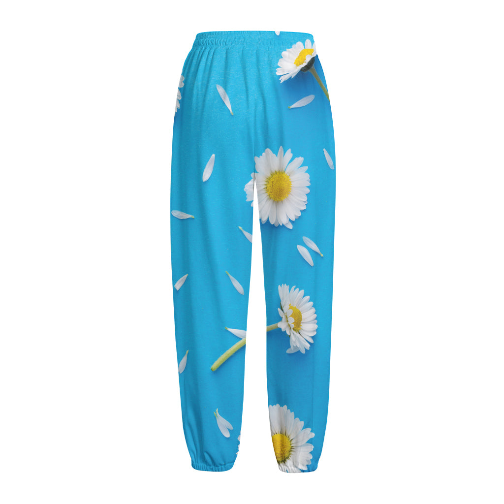 White Daisy Flower Print Fleece Lined Knit Pants