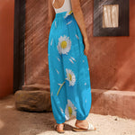 White Daisy Flower Print Harem Pants