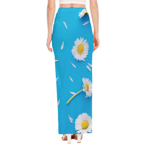 White Daisy Flower Print High Slit Maxi Skirt