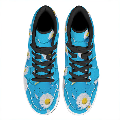 White Daisy Flower Print High Top Leather Sneakers