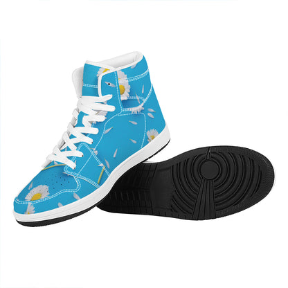 White Daisy Flower Print High Top Leather Sneakers