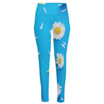 White Daisy Flower Print High-Waisted Pocket Leggings