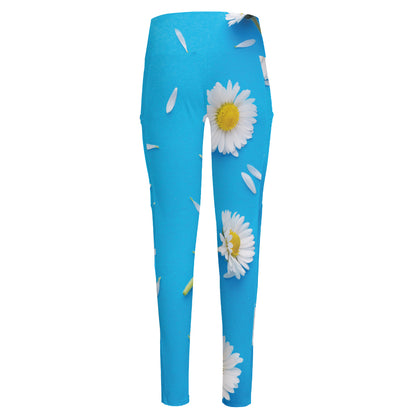 White Daisy Flower Print High-Waisted Pocket Leggings