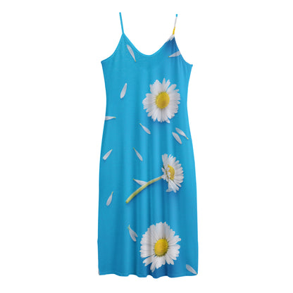 White Daisy Flower Print Jersey Midi Cami Dress