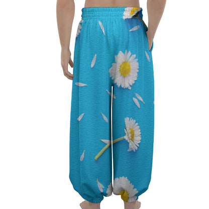 White Daisy Flower Print Lantern Pants