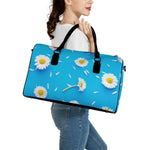 White Daisy Flower Print Leather Duffle Bag