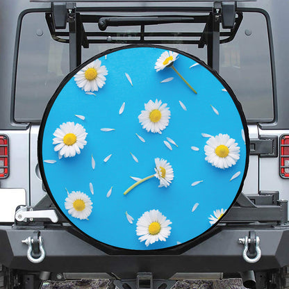 White Daisy Flower Print Leather Spare Tire Cover
