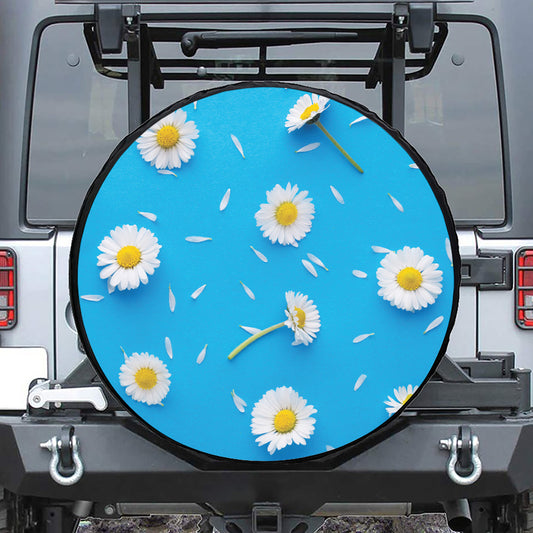 White Daisy Flower Print Leather Spare Tire Cover