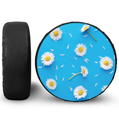 White Daisy Flower Print Leather Spare Tire Cover
