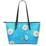 White Daisy Flower Print Leather Tote Bag