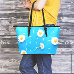 White Daisy Flower Print Leather Tote Bag