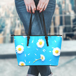 White Daisy Flower Print Leather Tote Bag