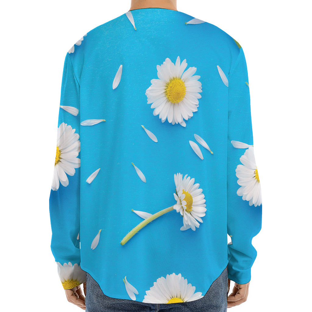 White Daisy Flower Print Long Sleeve Baseball Jersey