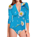White Daisy Flower Print Long Sleeve Swimsuit
