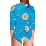 White Daisy Flower Print Long Sleeve Swimsuit