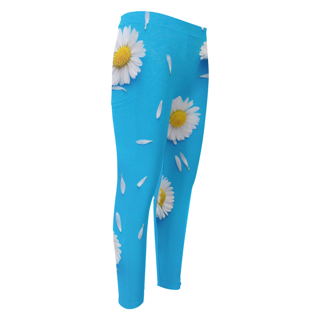 White Daisy Flower Print Men's Compression Pants