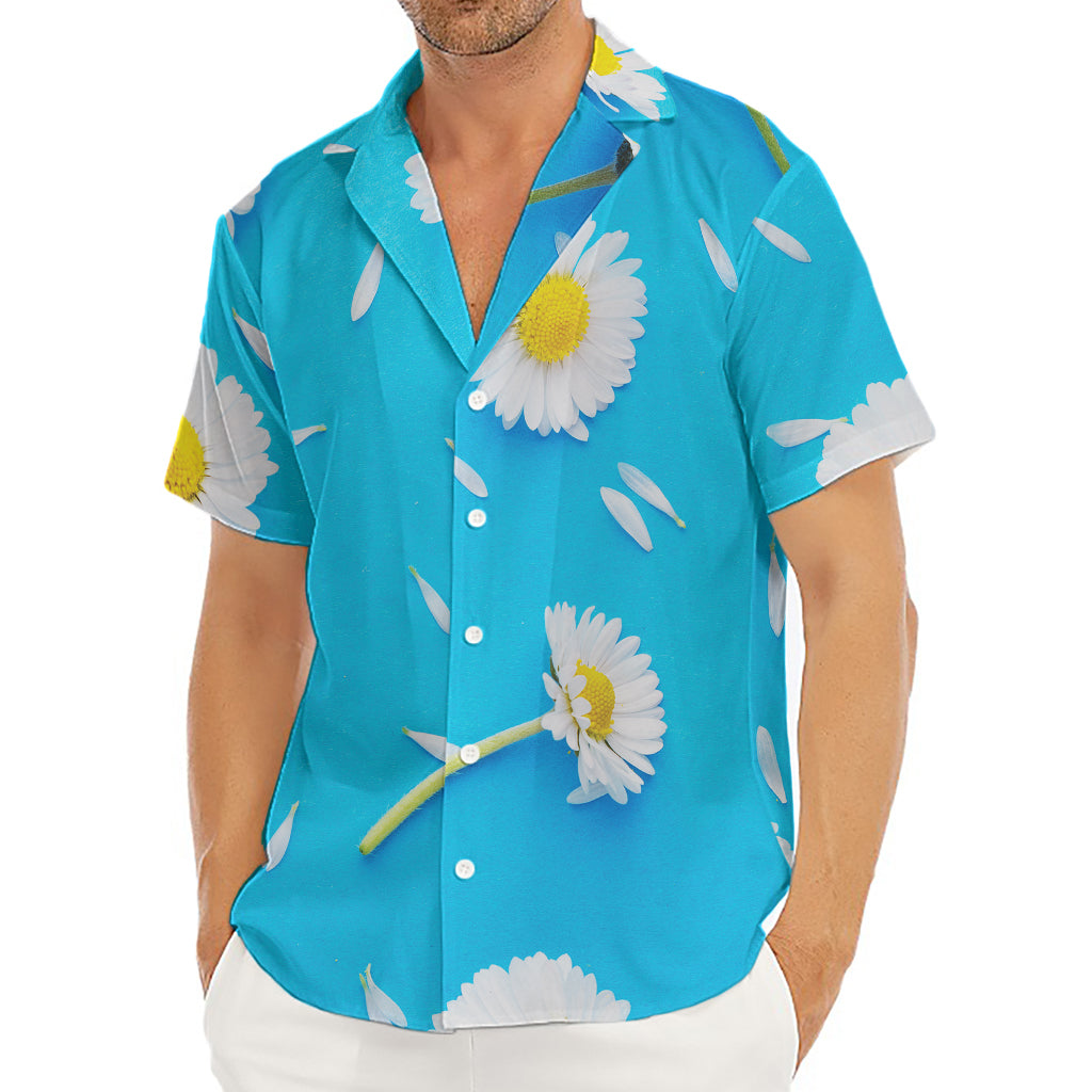 White Daisy Flower Print Men's Deep V-Neck Shirt