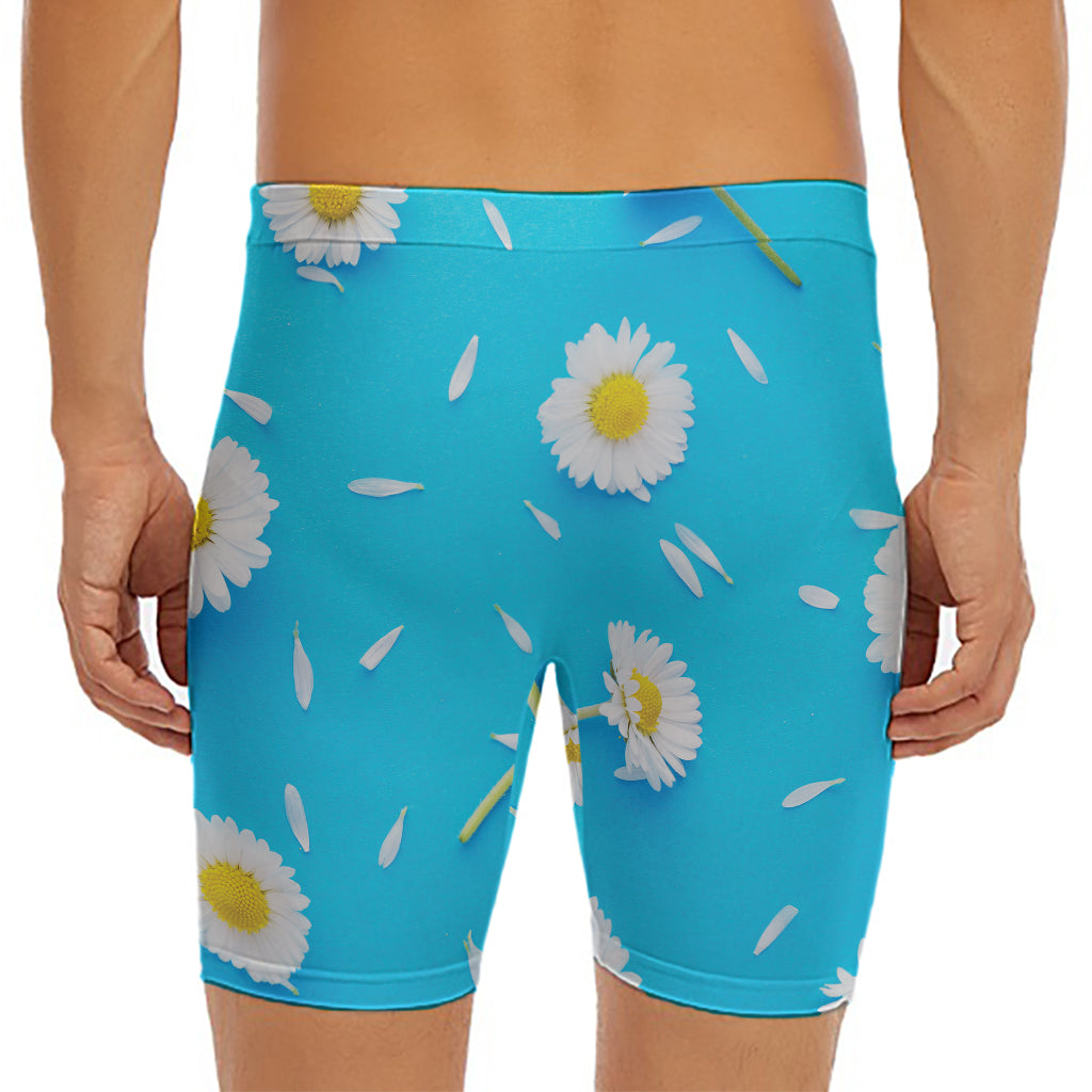 White Daisy Flower Print Men's Long Boxer Briefs