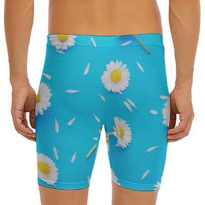 White Daisy Flower Print Men's Long Boxer Briefs