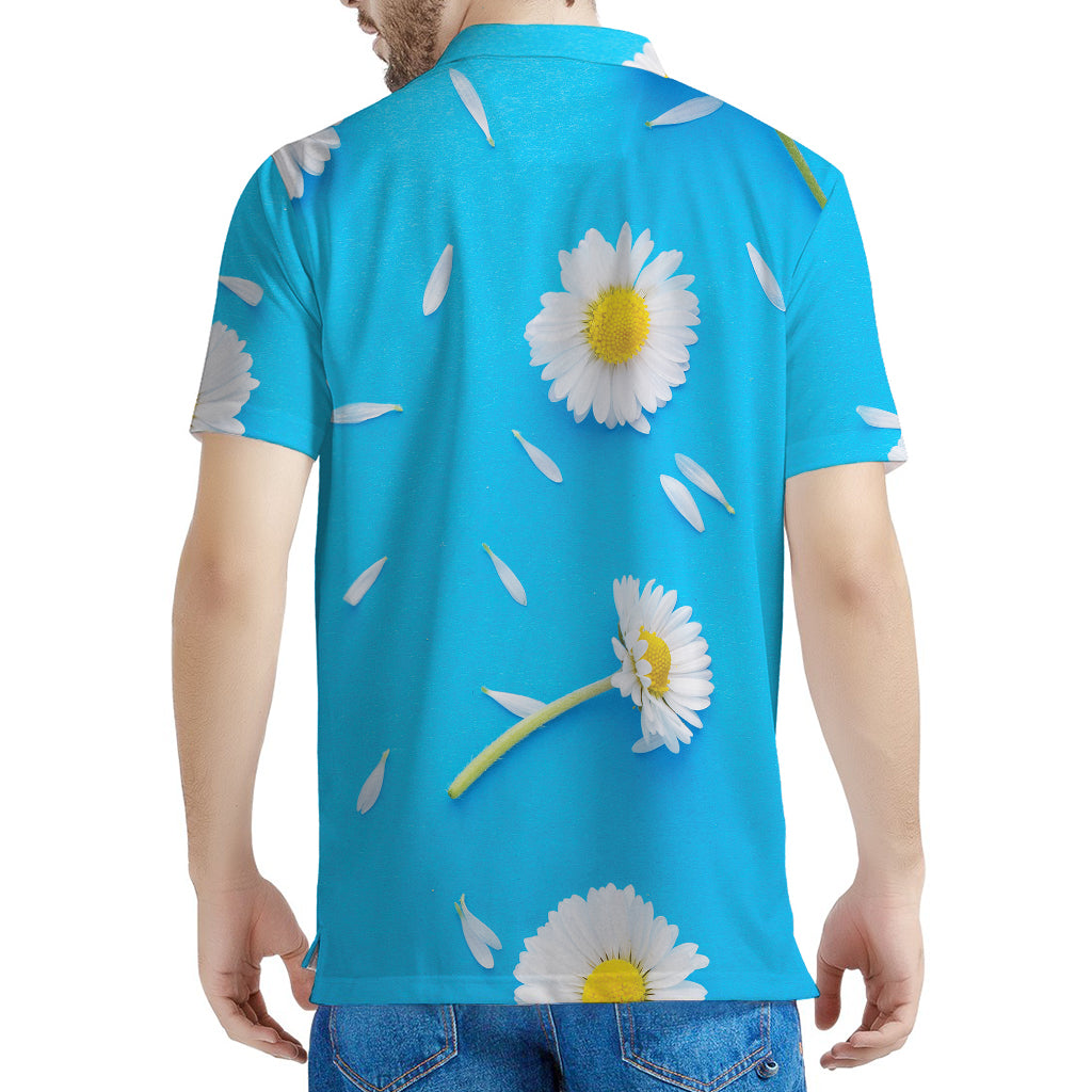 White Daisy Flower Print Men's Polo Shirt