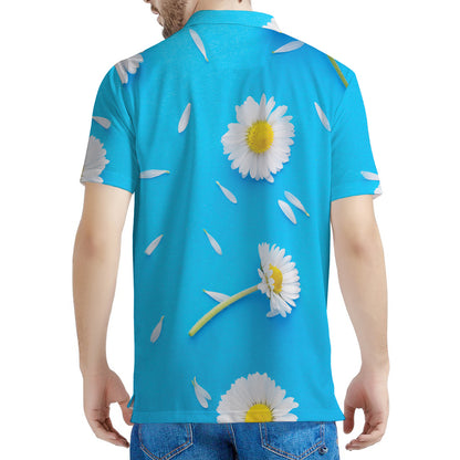 White Daisy Flower Print Men's Polo Shirt