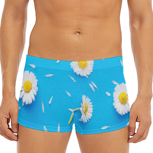 White Daisy Flower Print Men's Short Boxer Briefs