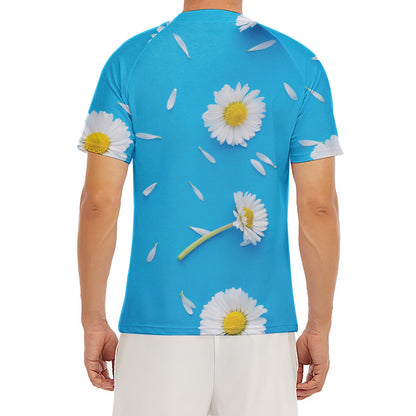 White Daisy Flower Print Men's Short Sleeve Rash Guard