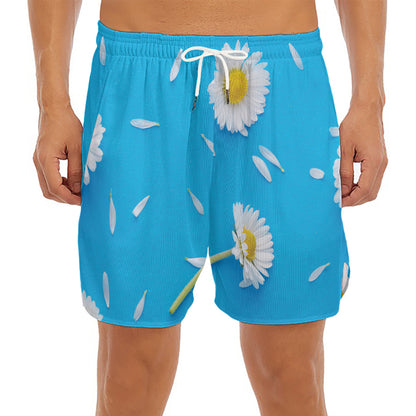 White Daisy Flower Print Men's Split Running Shorts