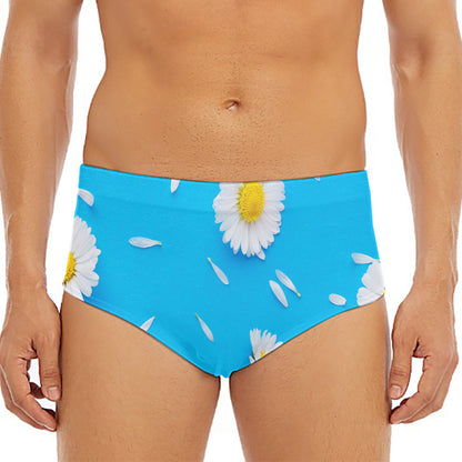 White Daisy Flower Print Men's Triangle Swim Briefs