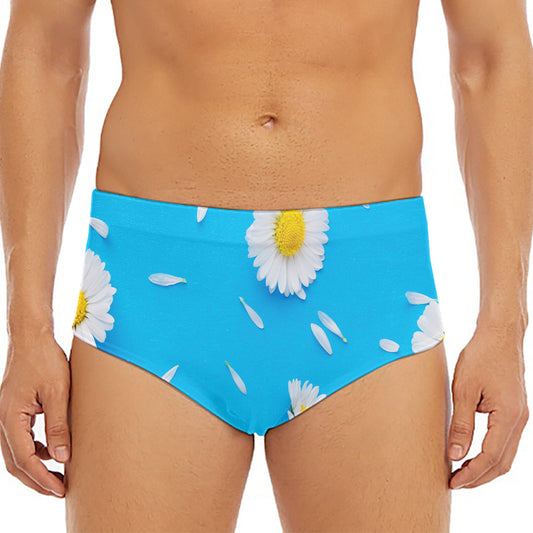 White Daisy Flower Print Men's Triangle Swim Briefs