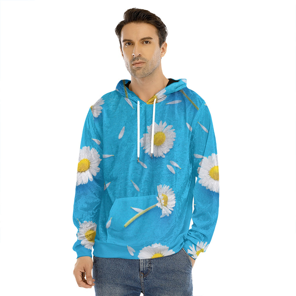 White Daisy Flower Print Men's Velvet Pullover Hoodie