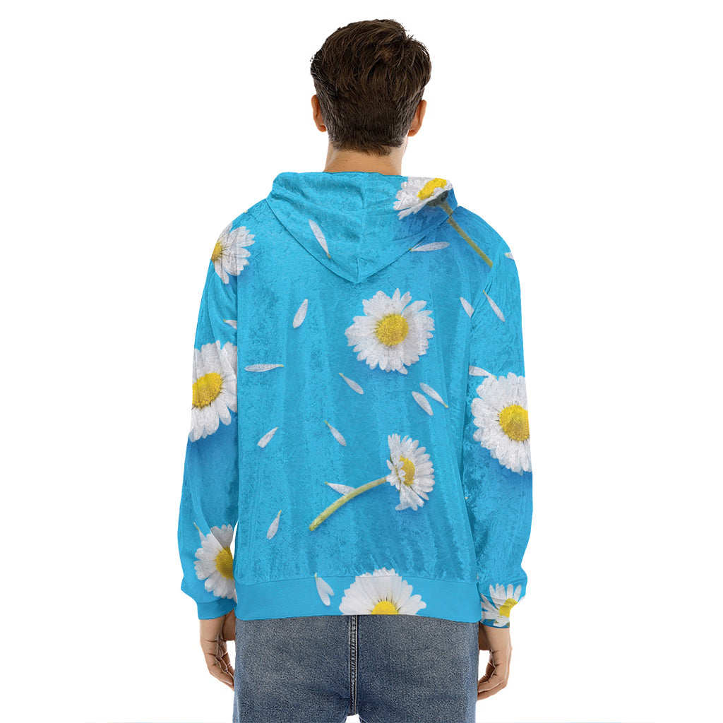 White Daisy Flower Print Men's Velvet Pullover Hoodie