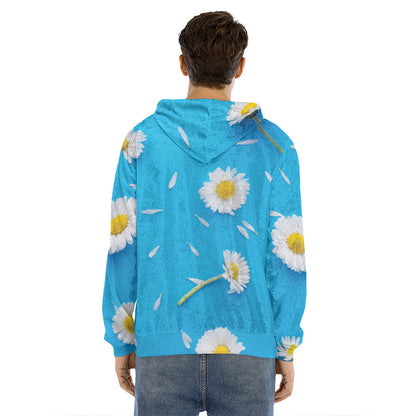 White Daisy Flower Print Men's Velvet Pullover Hoodie