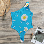 White Daisy Flower Print One Shoulder Bodysuit