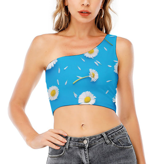 White Daisy Flower Print One Shoulder Crop Top