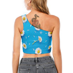 White Daisy Flower Print One Shoulder Crop Top