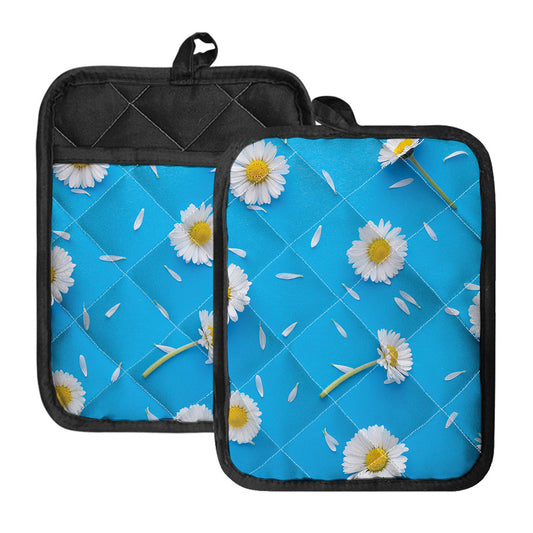White Daisy Flower Print Pot Holders With Pocket