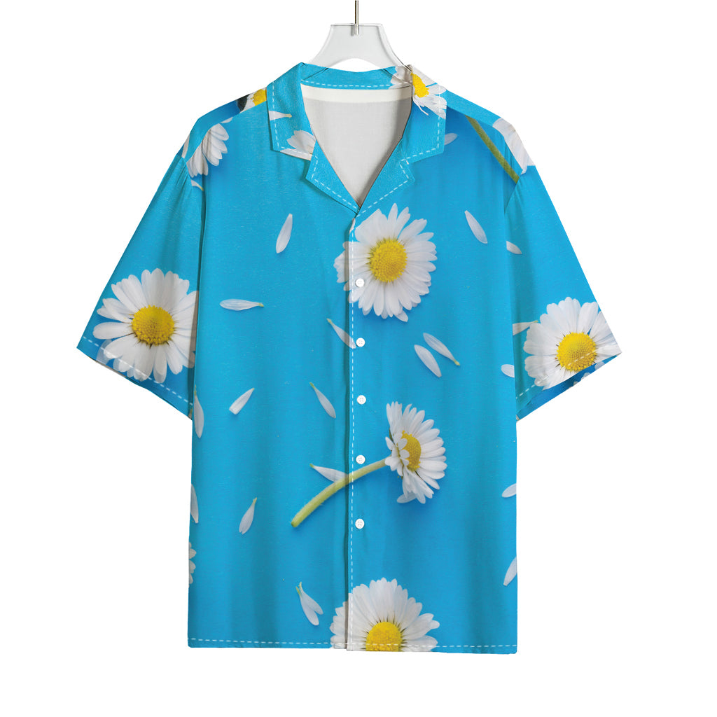 White Daisy Flower Print Rayon Hawaiian Shirt