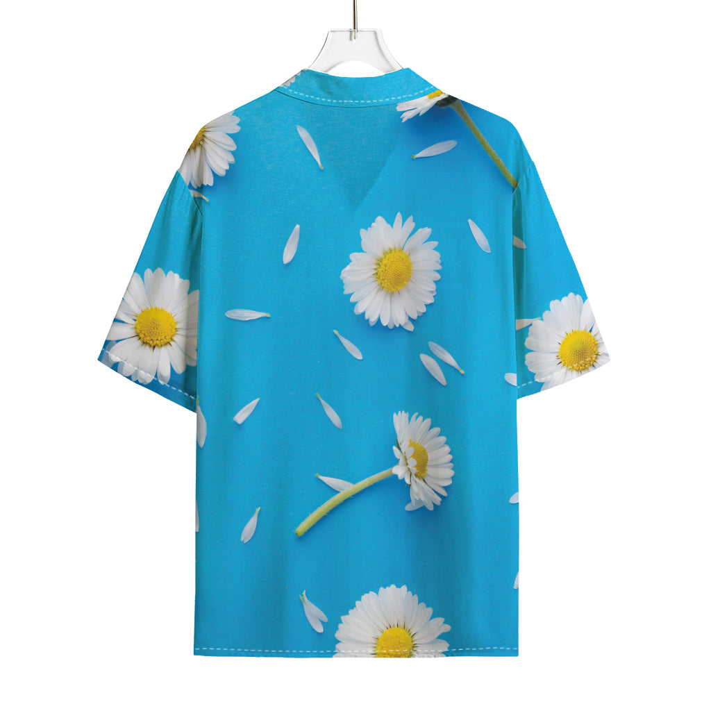 White Daisy Flower Print Rayon Hawaiian Shirt