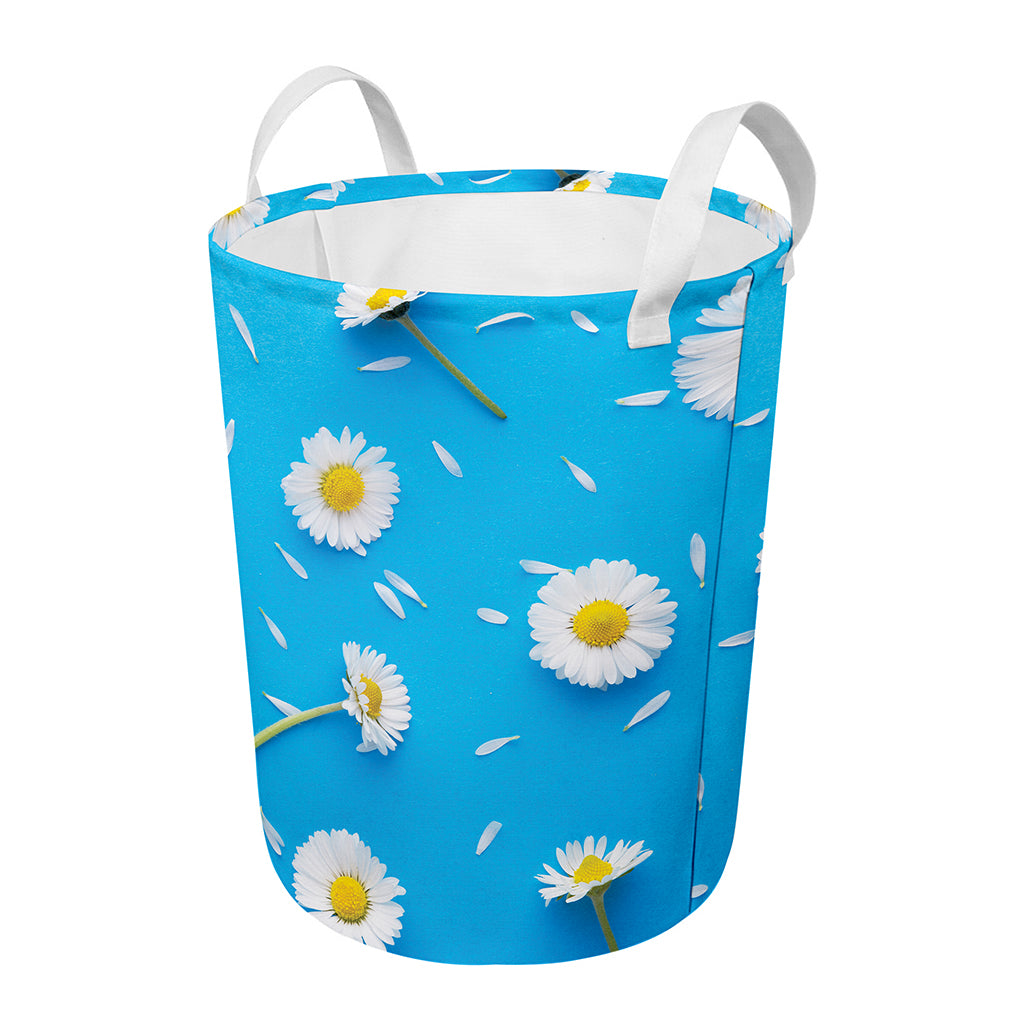 White Daisy Flower Print Round Laundry Basket