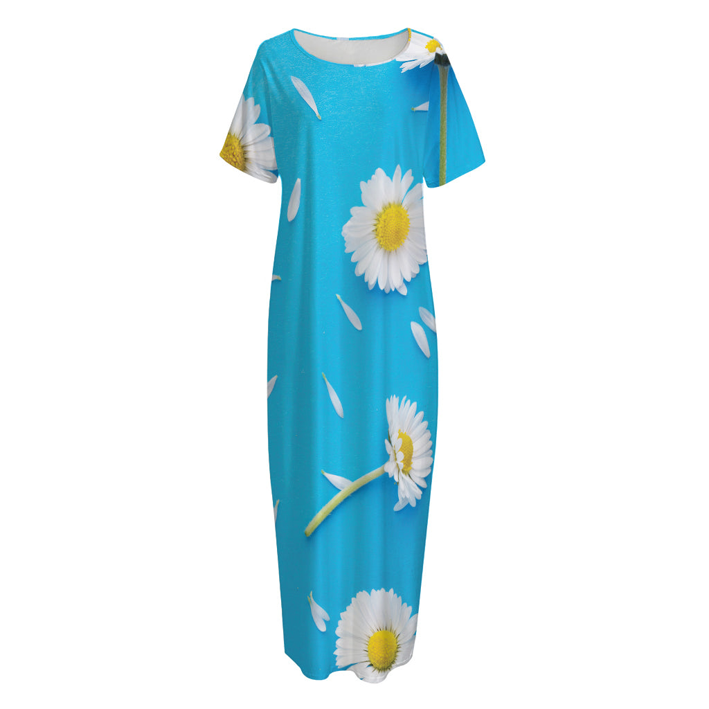 White Daisy Flower Print Short Sleeve Long Nightdress