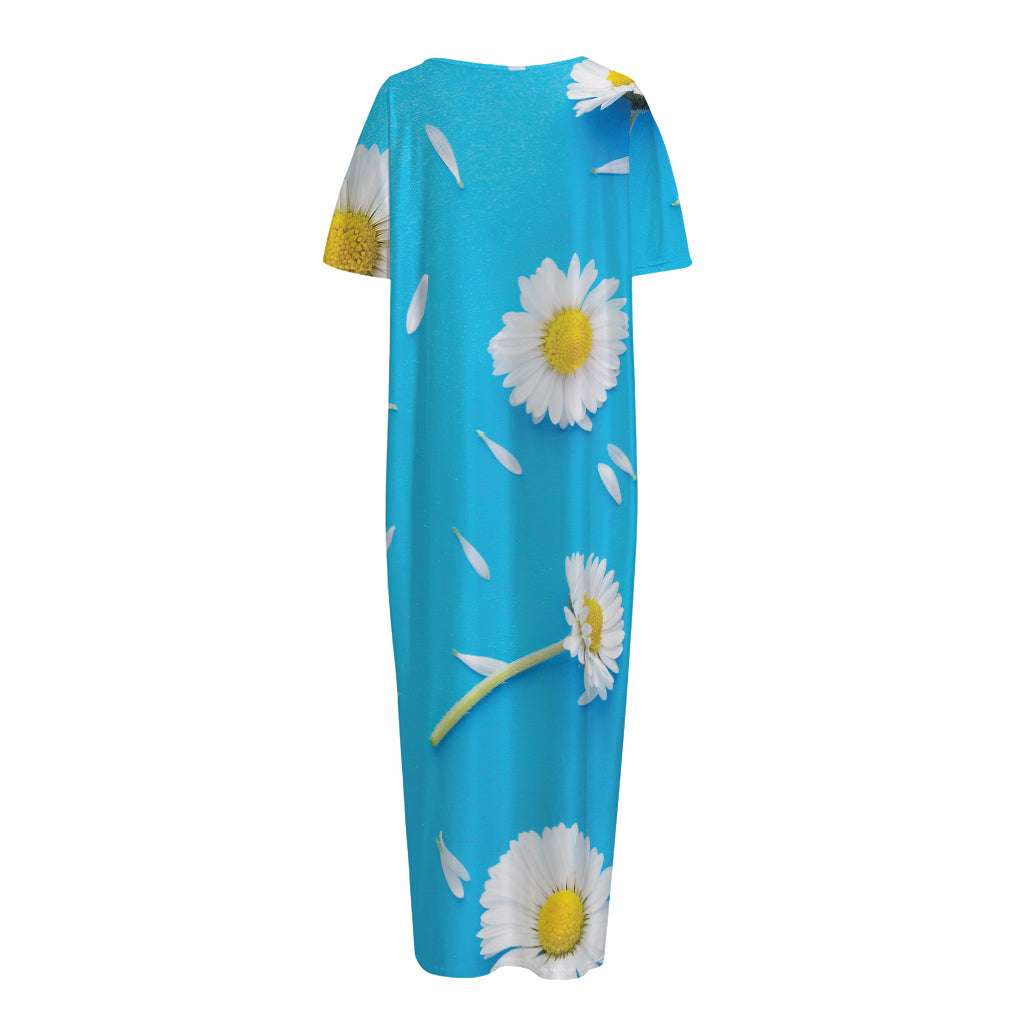 White Daisy Flower Print Short Sleeve Long Nightdress