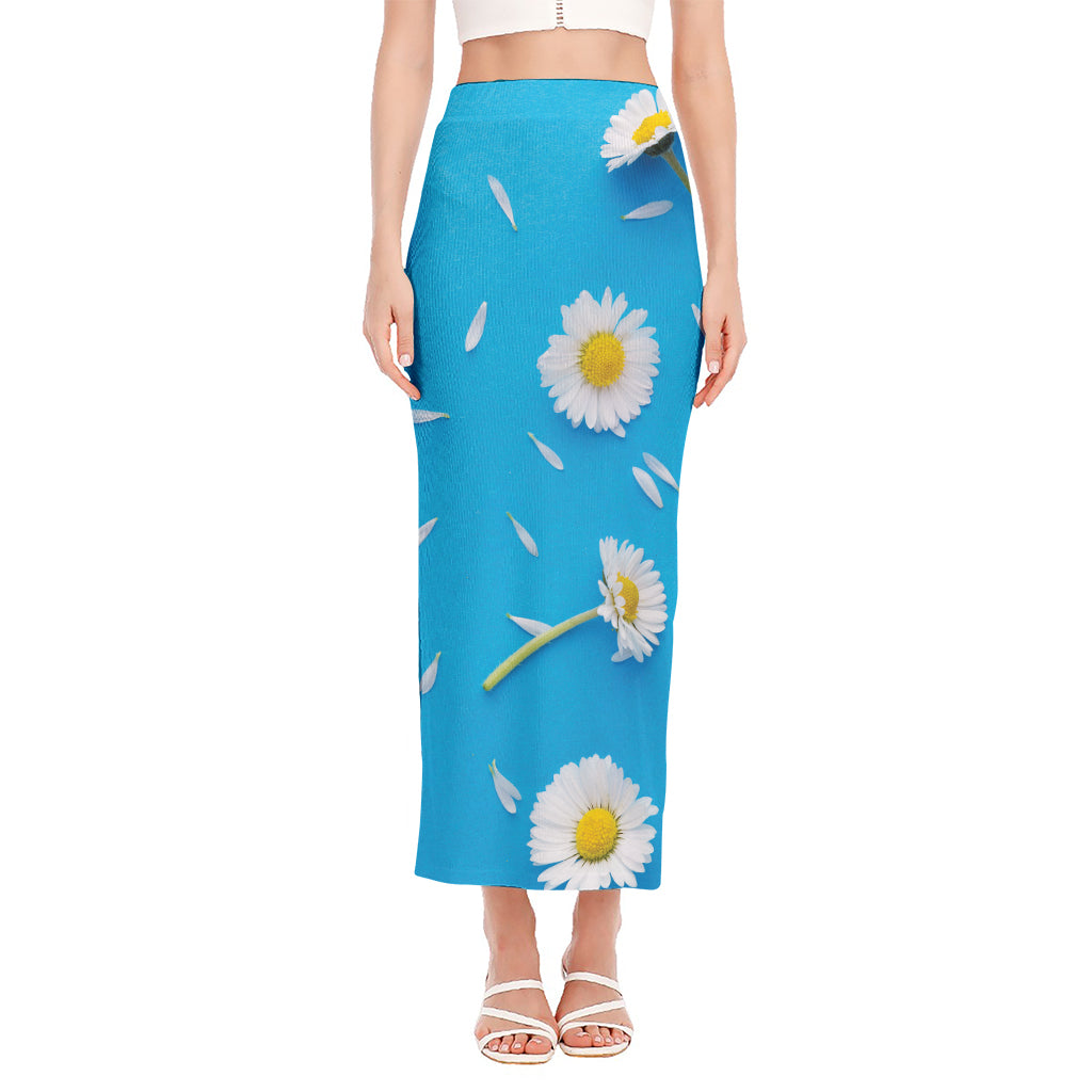 White Daisy Flower Print Side Slit Maxi Skirt