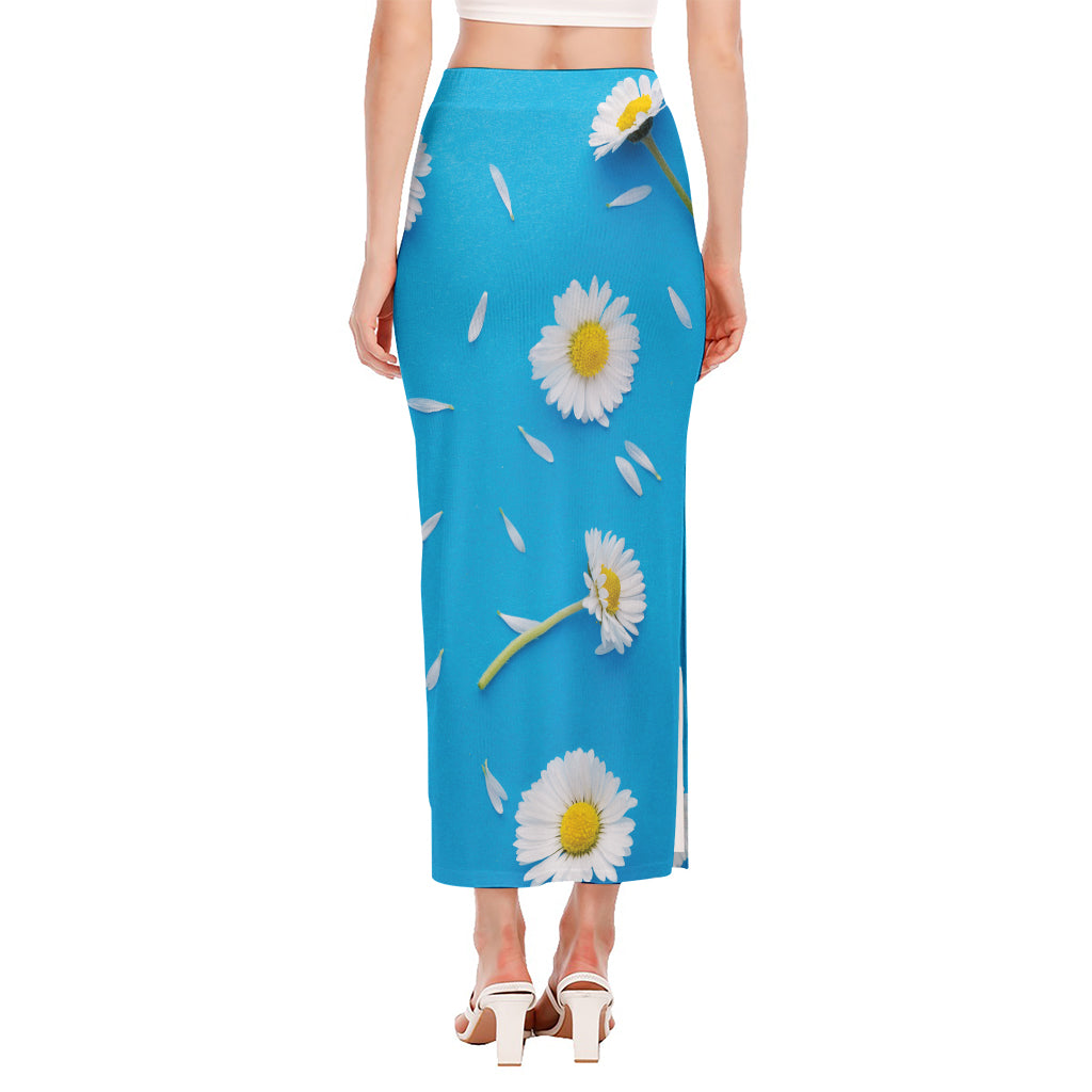 White Daisy Flower Print Side Slit Maxi Skirt